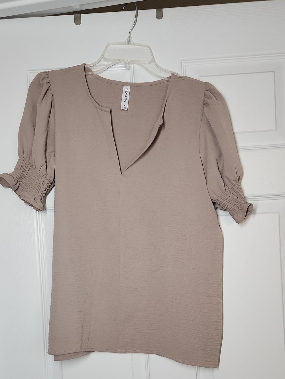 Zenana Taupe Short Puff Sleeve V-Neck Blouse